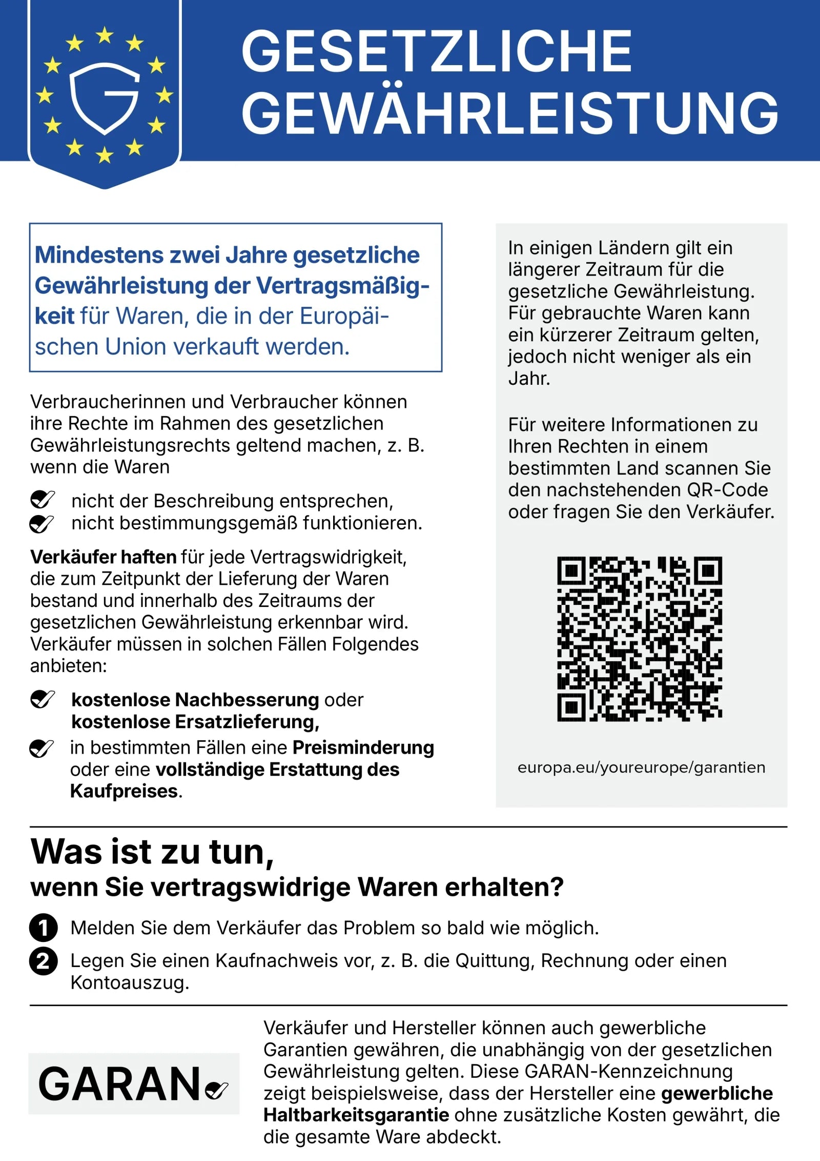 Hinweis zur gesetzlichen Gewährleistung: Mindestens zwei Jahre gesetzliche Gewährleistung der Vertragsmäßigkeit für Waren, die in der Europäischen Union verkauft werden.